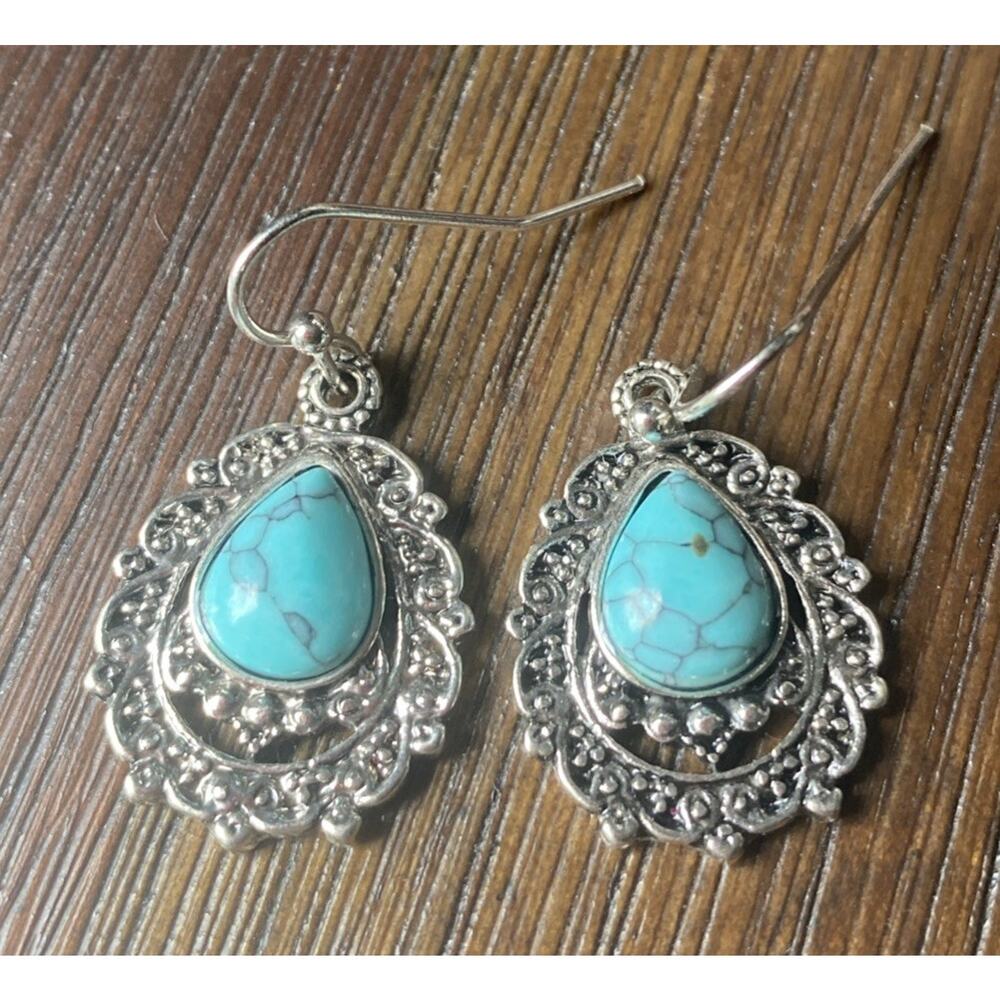 Silver Dangle Earrings Women Blue Boho Classic